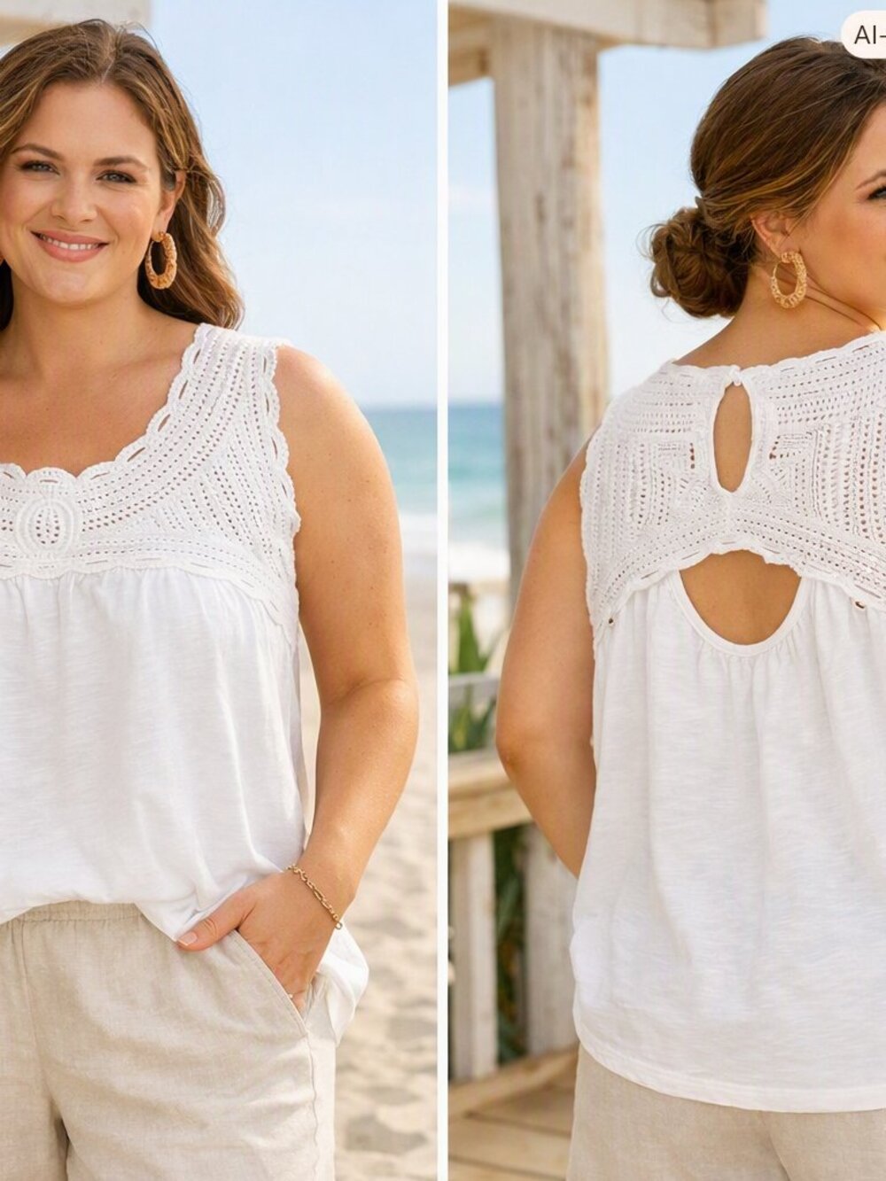 Design365 100% Cotton Sleeveless Loose Fit Crochet Top  Size  1X